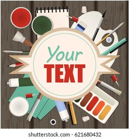 Vector colorful banner with artists tools on wooden table