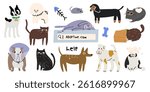 Vector colorful banner backdrop for pet adoption. Animals social media post template with cute cats and dogs. Pet care, adoption and support animal. Poster for website. Cartoon illustration