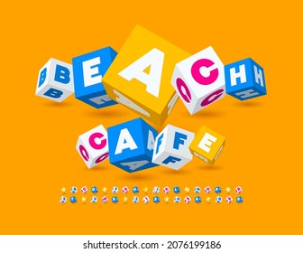 Vector colorful Banner Beach Cafe. Creative 3D Font. Bright Cubes Alphabet Letters and Numbers set.