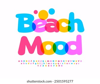 Vector colorful banner Beach Mood with Bright Comic Font. Funny Alphabet Letters and Numbers set.