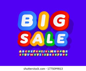 Vector colorful banner Big Sale. Creative Alphabet Letters and Numbers. Sticker style Font