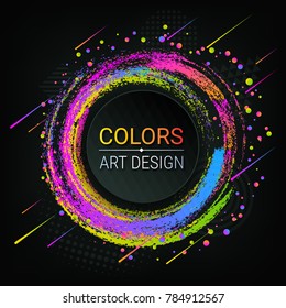 Vector colorful banner. Bright colored brush strokes. Colorful abstract circles. Grunge texture. A piece of chalk. Dark background. Modern stylish image. Template for registration