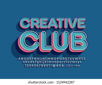 Vector colorful banner Creative Club. Bright trendy Font. 3D Alphabet Letters, Numbers and Symbols