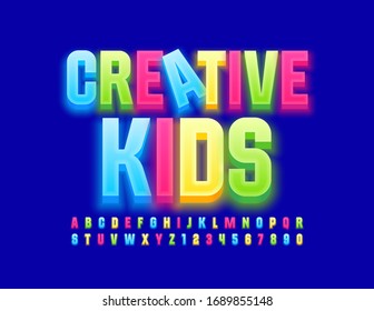 Vector colorful banner Creative Kids. Glowing bright Font. 3D Trendy Alphabet Letters and Numbers