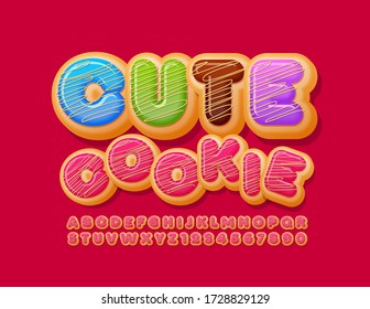 Vector colorful banner Cute Cookie. Pink Icing Font. Donut Alphabet Letters and Numbers