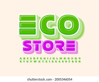 Vector Colorful Banner Eco Store. Trendy Bright Font. Artisic Alphabet Letters and Numbers