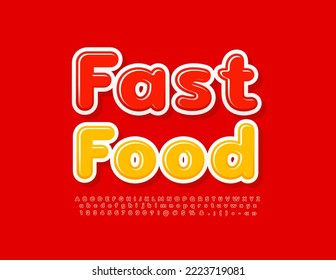 Vector colorful banner Fast Food. Red Glossy Font. Artistic Alphabet Letters and Numbers set
