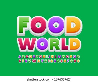 Vector colorful banner Food World with creative Font. Bright Alphabet Letters and Numbers