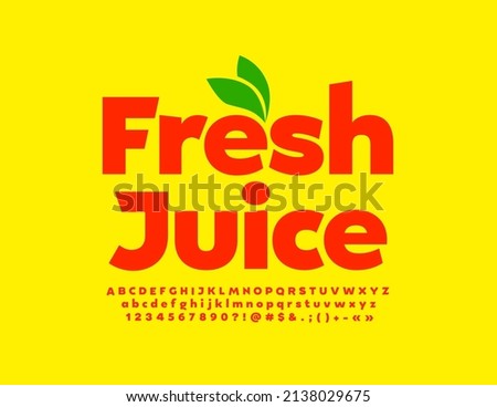 Vector colorful Banner Fresh Juice. Modern Red Font. Creative Alphabet Letters and Numbers set