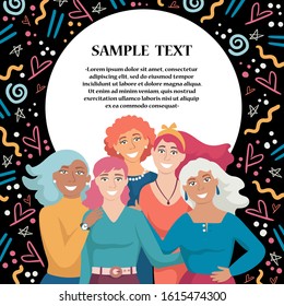 Vector colorful banner with group of smiling women. Female cartoon characters. Flat design illustration on the theme of friendship, meeting friends, togetherness, relationships