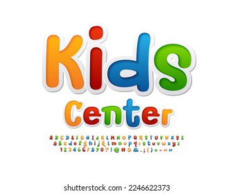 Vector colorful banner Kids Center with artistic Font. Funny set of Alphabet Letters, Numbers and Symbols