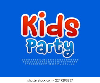 Vector colorful banner Kids Fest. Blue sticker Font. Funny handwritten Alphabet Letters, Numbers and Symbols