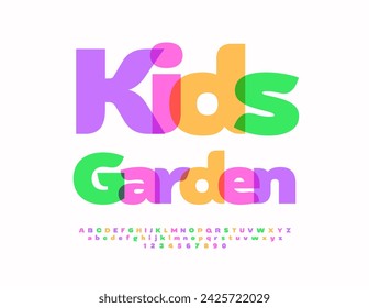 Vector colorful banner Kids Garden. Children cute Font. Modern Bright  Alphabet Letters and Numbers.