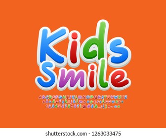 Vector colorful banner Kids Smile with Handwritten Font. Bright funny Alphabet Letters, Numbers and Symbols.