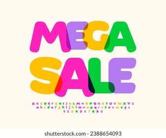 Vector colorful banner Mega Sale. Bright creative Font. Trendy Alphabet Letters and Numbers.
