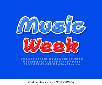 Vector colorful Banner Music Week. Blue Glossy Font. Bright Handwritten Alphabet Letters and Numbers