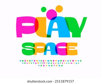 Vector colorido Anuncio Play Space. Fuente de Bright Kids. Conjunto de letras y números de alfabeto creativo.