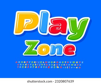Vector colorful banner Play Zone with creative Font. Funny bright Alphabet Letters, Numbers and Symbols set