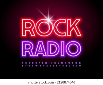 Vector colorful Banner Rock Radio.  Bright Neon Font. Glowing Alphabet Letters and Numbers