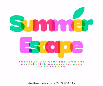 Vector colorful banner Summer Escape. Sunny White 3D Font. Creative set of Alphabet Letters and Numbers.