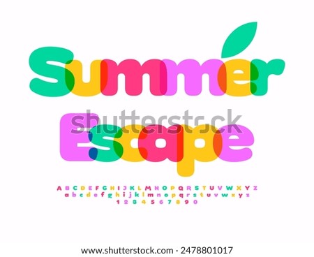 Vector colorful banner Summer Escape. Sunny White 3D Font. Creative set of Alphabet Letters and Numbers.