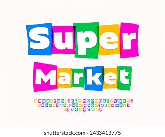 Vector colorful banner Super Market. Trendy Bright Font. Creative Alphabet Letters and Numbers.
