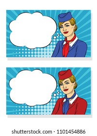 Vector colorful banner's design with smiling stewardess over halftone dot background. Set of two beautiful woman wearing uniform red and blue colors