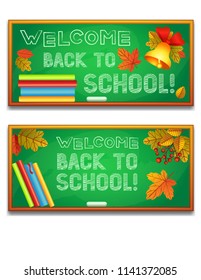 Vector colorful banners with welcome back to school inscription over green chalkboard. Design elements for posters and greeting card with school board, books, autumn leaves and a bell.