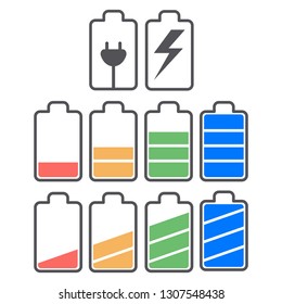Vector colorful battery charge indicator icons set.