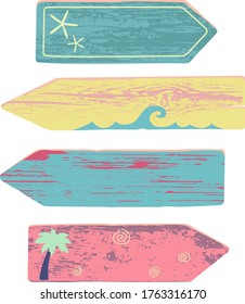 Vector colorful beach arrows with elements and wood texture