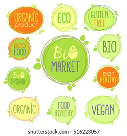 Vector colorful bio icon set of labels, stamps or stickers with signs - Bio market, gluten free, organic product, vegan, food healthy, eat healthy, organic, bio product, nature, Eco food