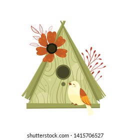 Vector colorful birdhouses, cute birds and nests illustrations, hand drawn isolated on a white background. Autumn season. Fall.