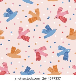 Vector colorful birds and dots repeat background. Happy birthday confetti seamless pattern design for kids fabric, wallpaper or wrapping paper.