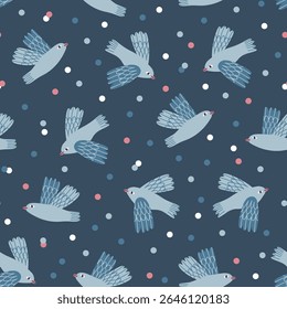 Vector colorful birds and dots seamless pattern. Happy birthday confetti seamless print design for kids fabric, wallpaper or wrapping paper.