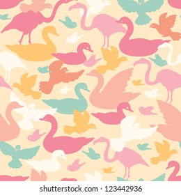Vector colorful birds silhouettes seamless pattern background with hand drawn elements.