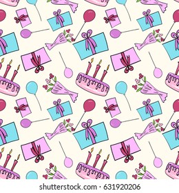 vector colorful birthday card, with different presents and balloon, flowers, cake