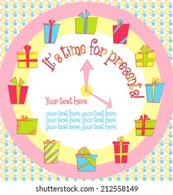 Vector colorful birthday card with gift boxes in circle on background. Cartoon birthday card with place for text.