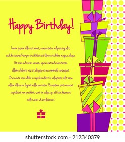 Vector colorful birthday card with pile of gift boxes in different ribbons on background.  Cartoon birthday card with place for text.