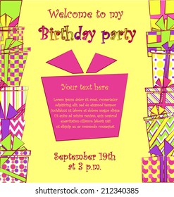 Vector colorful birthday card with a pile of gift boxes in different wrappings on background. Cartoon birthday card with place for text.