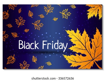 Vector colorful Black Friday Sale banner illustration with lettering. Autumn abstract paper style background. Autumn doodle yellow leaves design elements for flayer, invitation, web. 