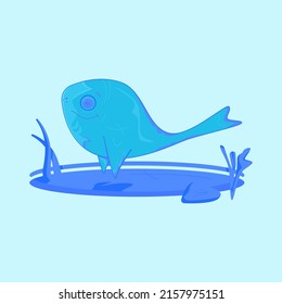 Vector colorful blue and violet fish, whale or dolphin located on water background including small sea with seaweed, sea plants and stone.