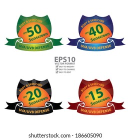 Vector : Colorful Body and Skincare SPF 20 Sunscreen UVA/UVB Defense Icon or Label Isolated on White Background