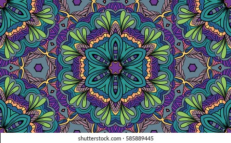 Vector colorful bohemian seamless pattern. Ethnic meditative background with mandalas. Boho, hippie, gypsy design. Zentangle ornament.