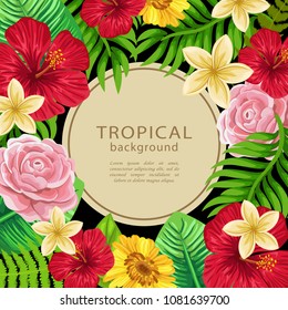 Vector colorful botanical vertical banner   with tropical leaves and flowers on dark  background.  Design for invitation card, wedding.