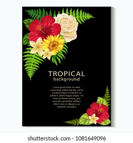 Vector colorful botanical vertical banner   with tropical leaves and flowers on dark  background.  Design for invitation card, wedding.