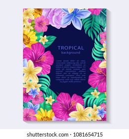 Vector colorful botanical vertical banner   with tropical leaves and flowers on dark blue background.  Design for invitation card, wedding.