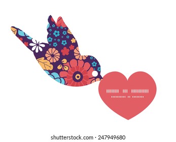 Vector colorful bouquet flowers birds holding heart silhouette frame pattern invitation greeting card template