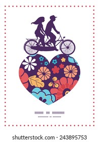 Vector colorful bouquet flowers couple on tandem bicycle heart silhouette frame pattern greeting card template