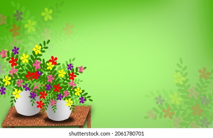 Vector of colorful bouquet of flowers in a white vase on a wooden table on a light green background. This image is for a natural background.
