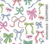 Vector colorful Bow knots, gift bows collection. Hand drawn coquette bow design set isolated on white background. Wedding celebration, holiday, party decoration, gift, present concept. 